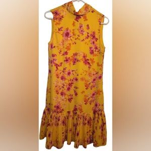 EUC Nanette Lepore yellow pink flowers pleated at bottom tie halter Lrg keyhole